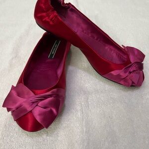Ann Taylor Red Satin Flats with Pink Bow